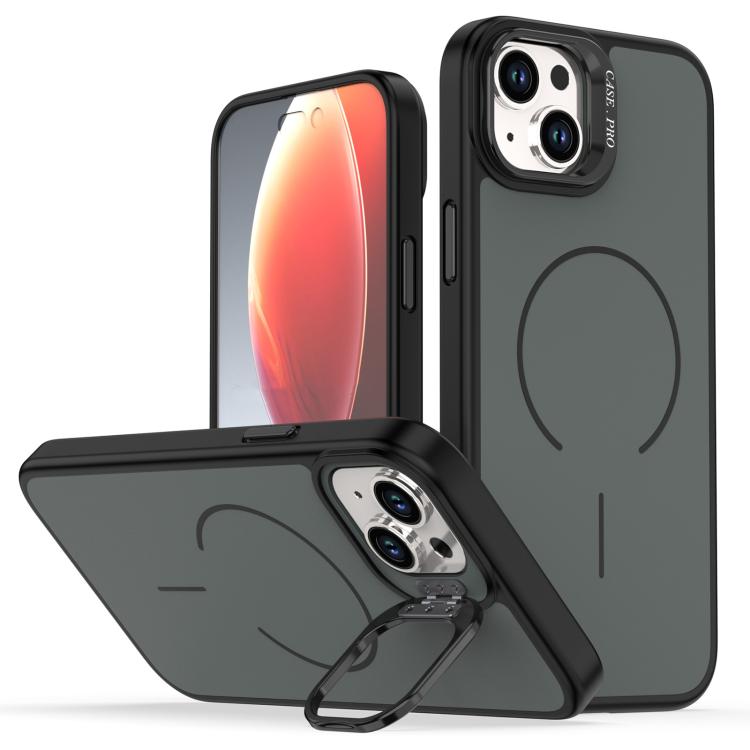 

For iPhone 14 Plus Bright Color Contrast Skin-feel Camera Bracket Magsafe Phone Case(Black)