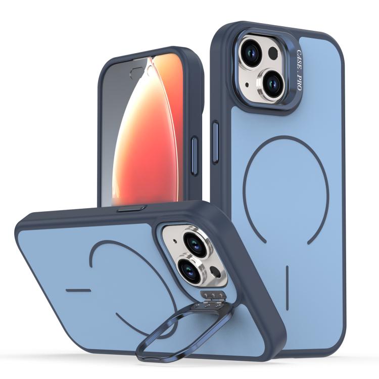 

For iPhone 13 Bright Color Contrast Skin-feel Camera Bracket Magsafe Phone Case(Blue)