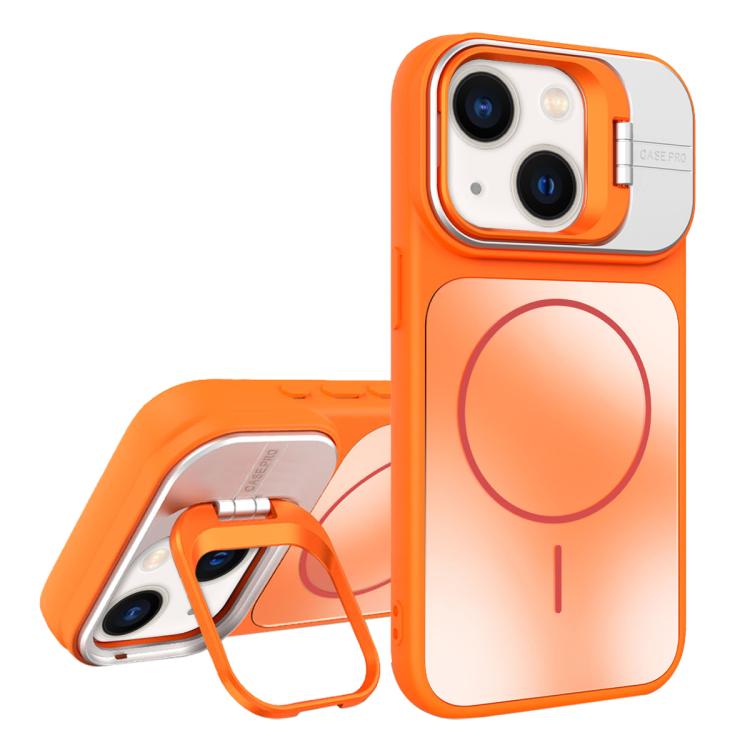 For iPhone 14 Plus AG Frosted Lens Holder MagSafe Phone Case(Orange)
