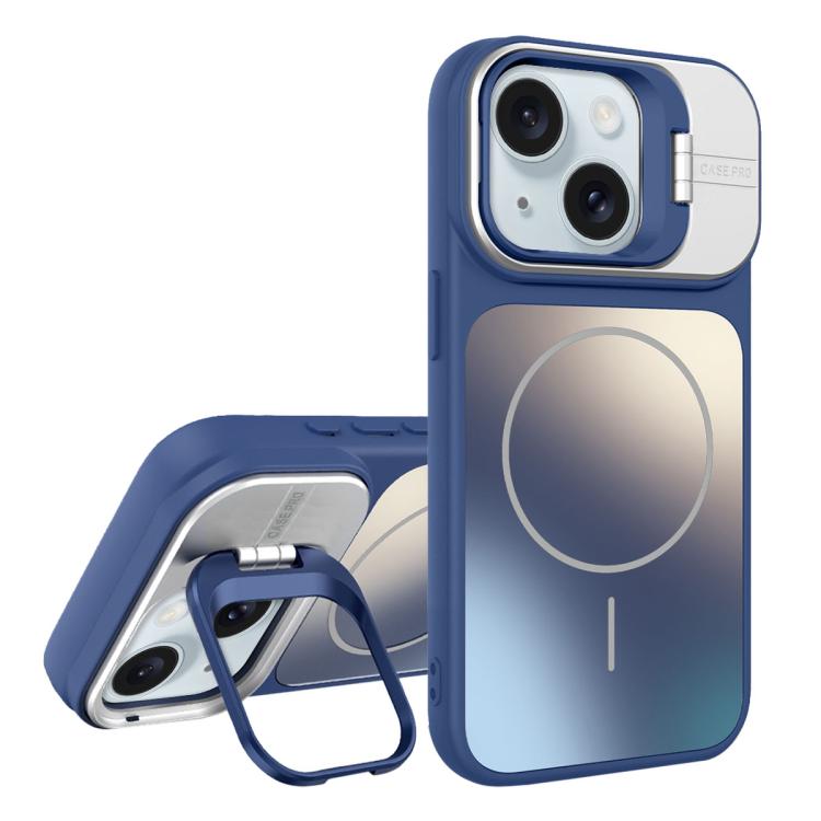 

For iPhone 15 Plus AG Frosted Lens Holder MagSafe Phone Case(Royal Blue)