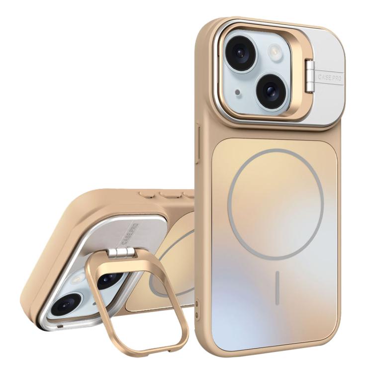 

For iPhone 15 Plus AG Frosted Lens Holder MagSafe Phone Case(Desert Gold)
