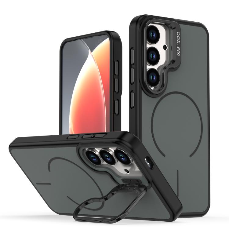 

For Samsung Galaxy S24+ / S25+ 5G Bright Color Contrast Skin-feel Camera Bracket Magsafe Phone Case(Black)