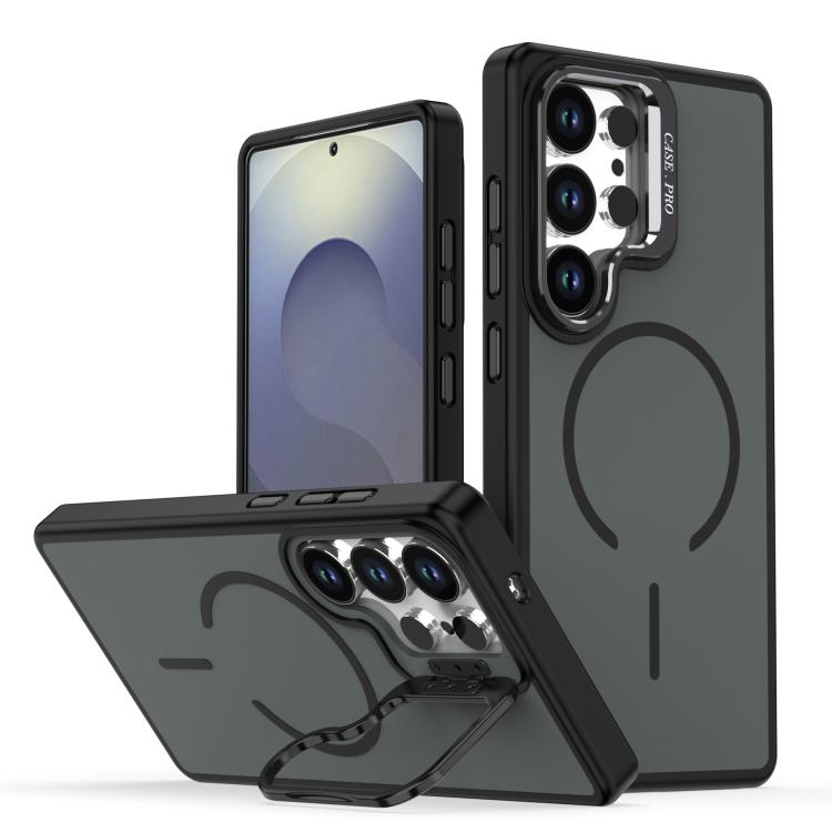 

For Samsung Galaxy S24 Ultra 5G Bright Color Contrast Skin-feel Camera Bracket Magsafe Phone Case(Black)