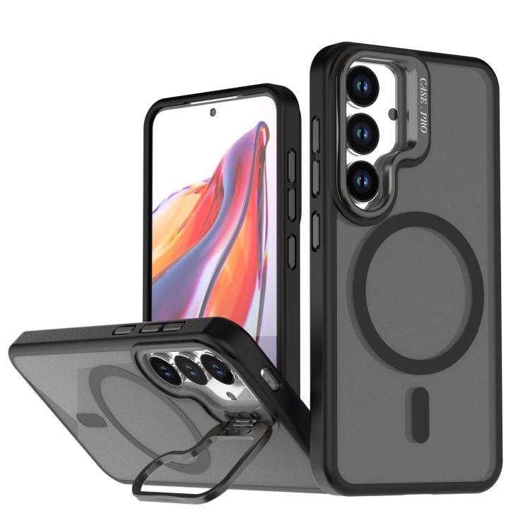 

For Samsung Galaxy S25 / S24 5G Bright Color Frosted Skin-feel Camera Bracket Magsafe Phone Case(Black)
