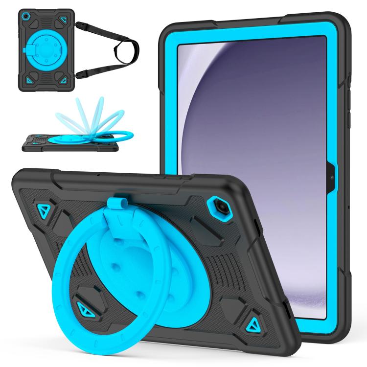 

For Samsung Galaxy Tab A11 / A9 Space Planet Ring Holder Silicone Hydric PC Tablet Case with Shoulder Strap(Black Blue)