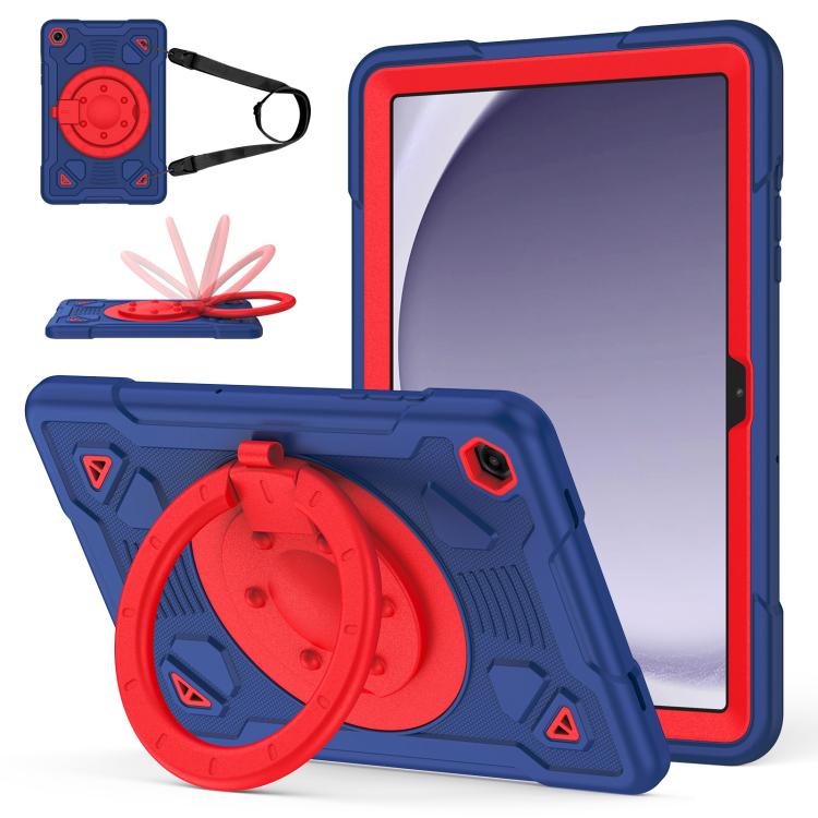 

For Samsung Galaxy Tab A11 / A9 Space Planet Ring Holder Silicone Hydric PC Tablet Case with Shoulder Strap(Navy Blue Red)