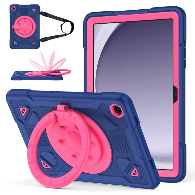 For Samsung Galaxy Tab A11 / A9 Space Planet Ring Holder Silicone Hydric PC Tablet Case with Shoulder Strap(Navy Blue Rose Red)