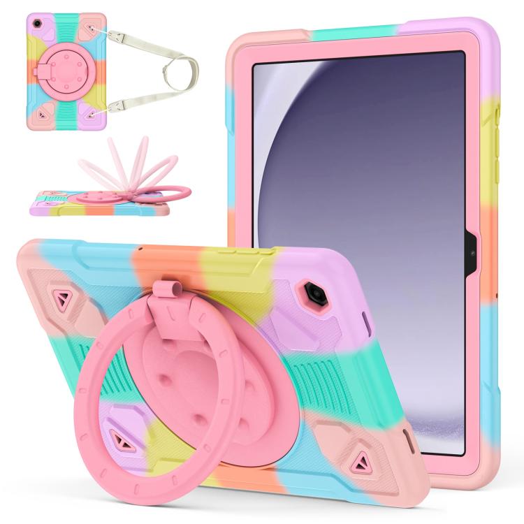 

For Samsung Galaxy Tab A11 / A9 Space Planet Ring Holder Silicone Hydric PC Tablet Case with Shoulder Strap(Colorful Pink)