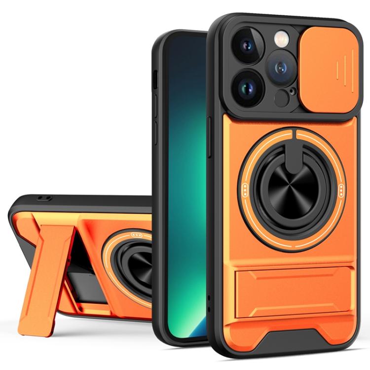 

For iPhone 13 Pro Lens Sliding Window Multifunctional Magnetic Shockproof Phone Case(Orange)