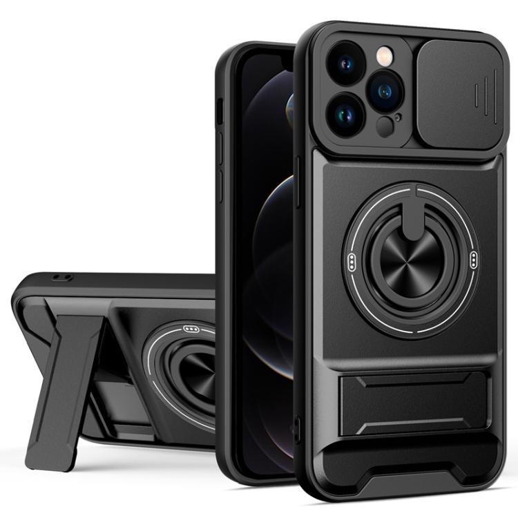 

For iPhone 12 Pro Max Lens Sliding Window Multifunctional Magnetic Shockproof Phone Case(Black)