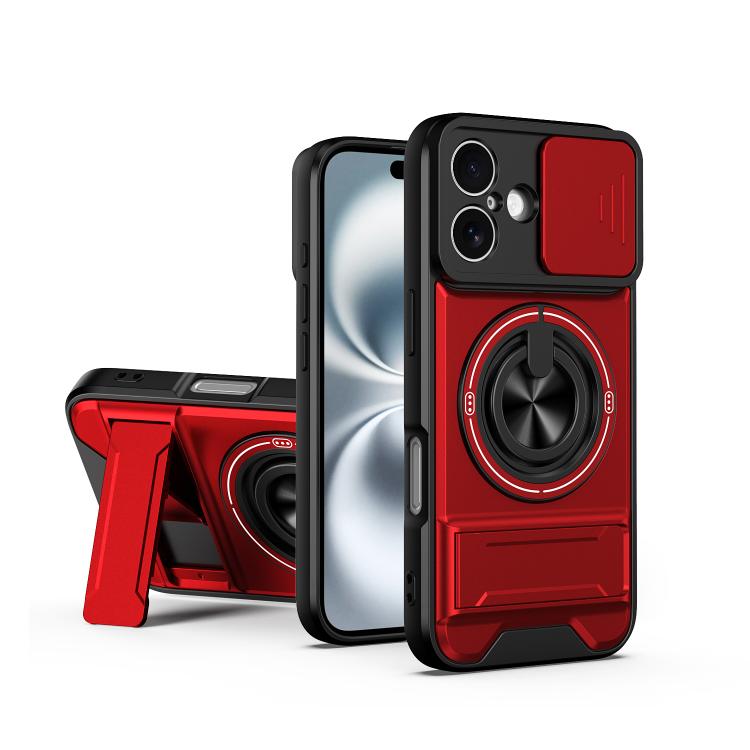 For iPhone 16 Lens Sliding Window Multifunctional Magnetic Shockproof Phone Case(Red)