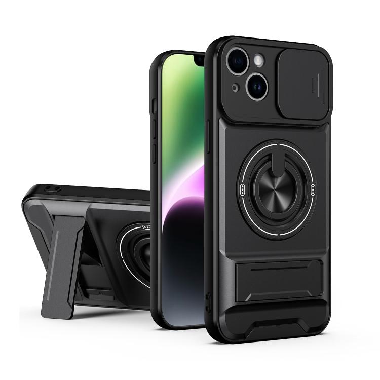 For iPhone 14 Plus Lens Sliding Window Multifunctional Magnetic Shockproof Phone Case(Black)