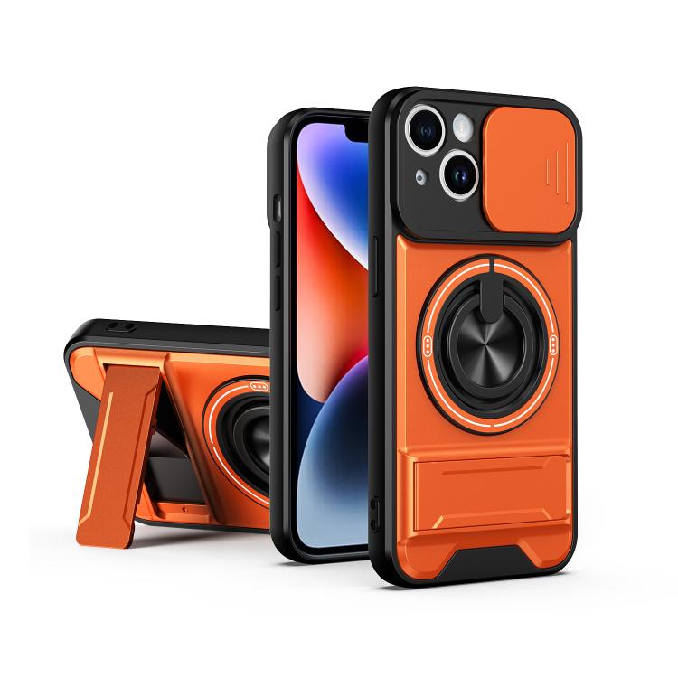 

For iPhone 14 Lens Sliding Window Multifunctional Magnetic Shockproof Phone Case(Orange)