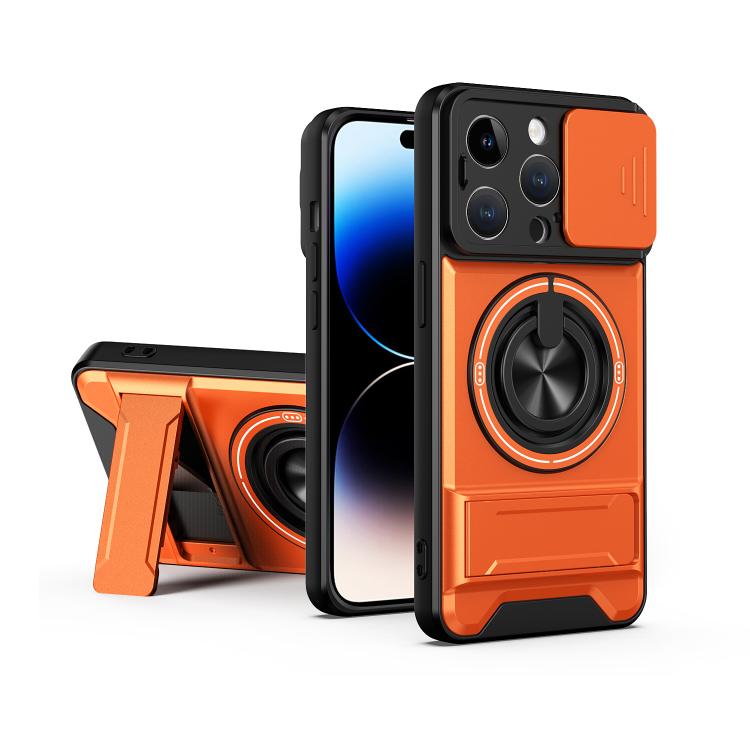 

For iPhone 14 Pro Lens Sliding Window Multifunctional Magnetic Shockproof Phone Case(Orange)