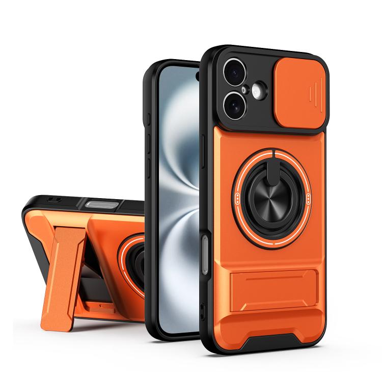 For iPhone 16 Plus Lens Sliding Window Multifunctional Magnetic Shockproof Phone Case(Orange)
