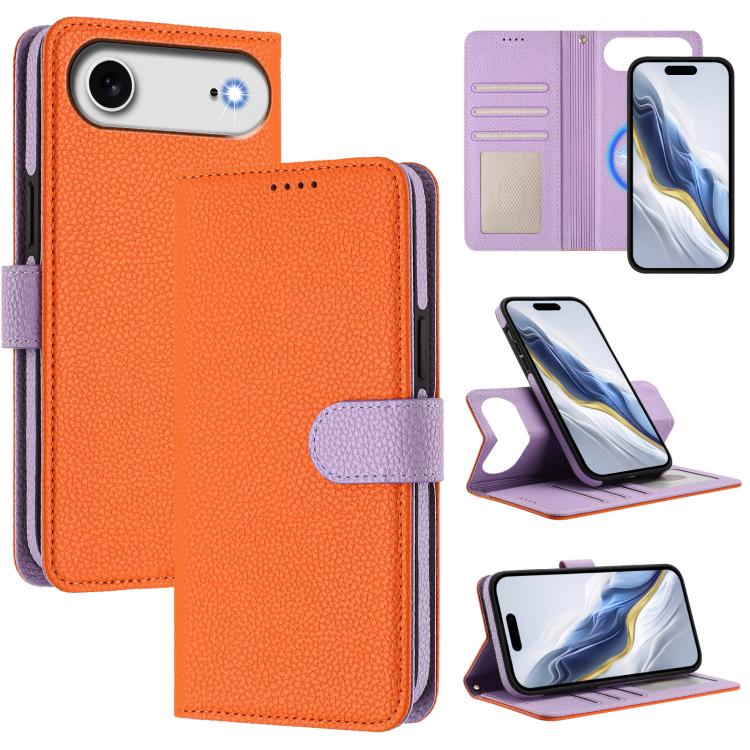 For iPhone Air Detachable Litchi Texture Magnetic Side-Patch Vegan Leather Phone Case(Orange Purple)