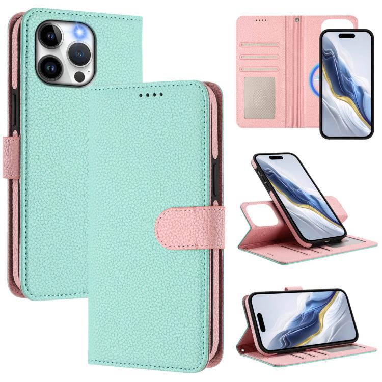 For iPhone 15 Pro Detachable Litchi Texture Magnetic Side-Patch Vegan Leather Phone Case(Mint Green Pink)