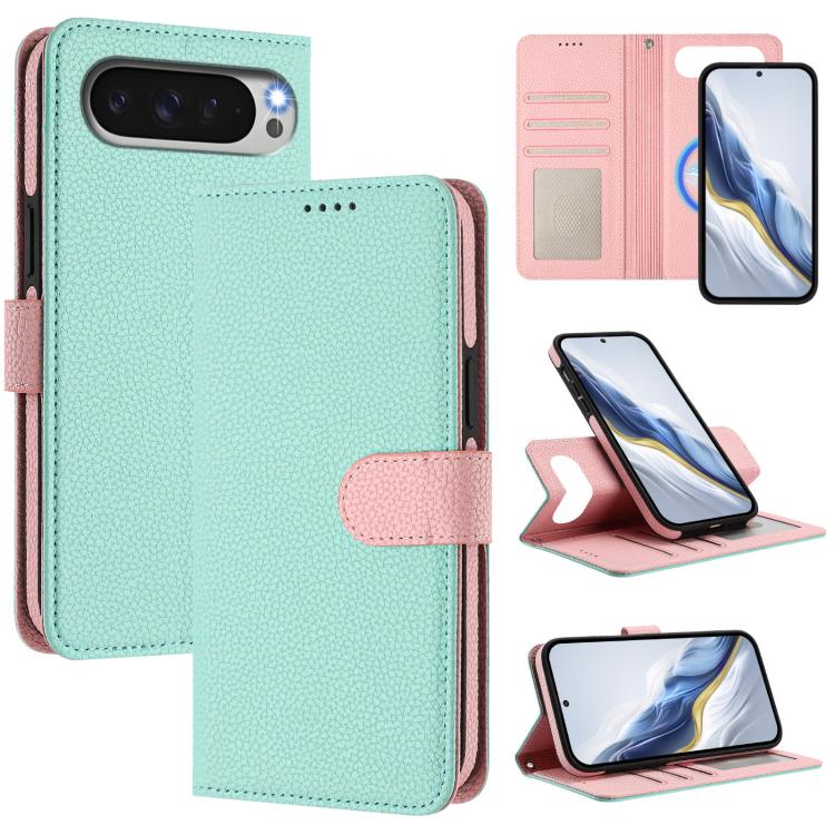 

For Google Pixel 10 Pro XL Detachable Litchi Texture Magnetic Side-Patch Vegan Leather Phone Case(Mint Green Pink)