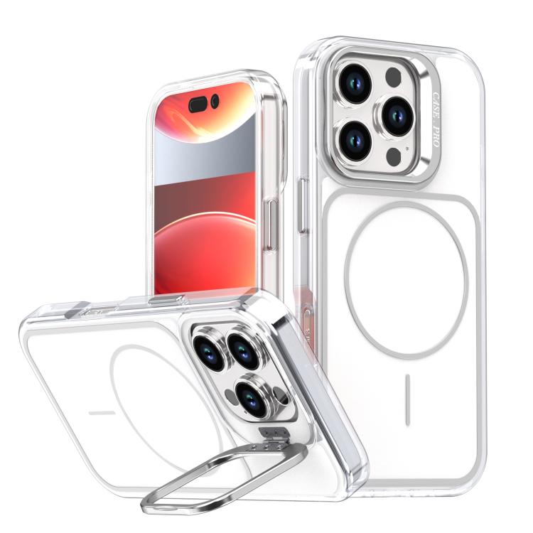 

For iPhone 16 Pro Bright Color Blocking Camera Bracket Magnetic Phone Case(White)