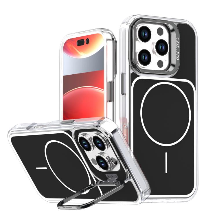 

For iPhone 16 Pro Bright Color Blocking Camera Bracket Magnetic Phone Case(Black)