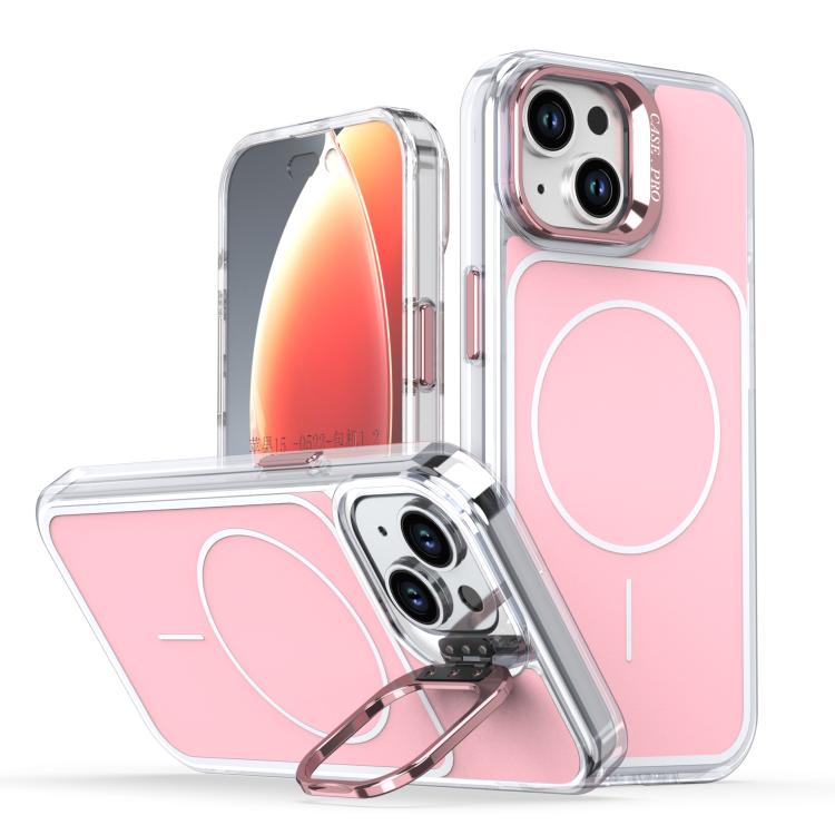 

For iPhone 15 Bright Color Blocking Camera Bracket Magnetic Phone Case(Pink)