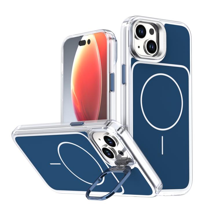 

For iPhone 14 Plus Bright Color Blocking Camera Bracket Magnetic Phone Case(Blue)