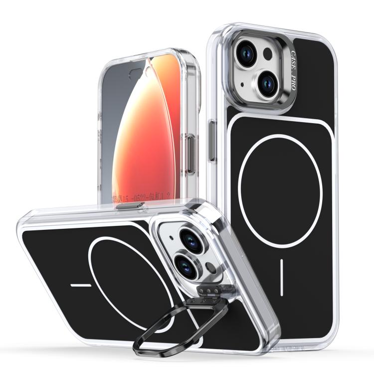 

For iPhone 14 / 13 Bright Color Blocking Camera Bracket Magnetic Phone Case(Black)