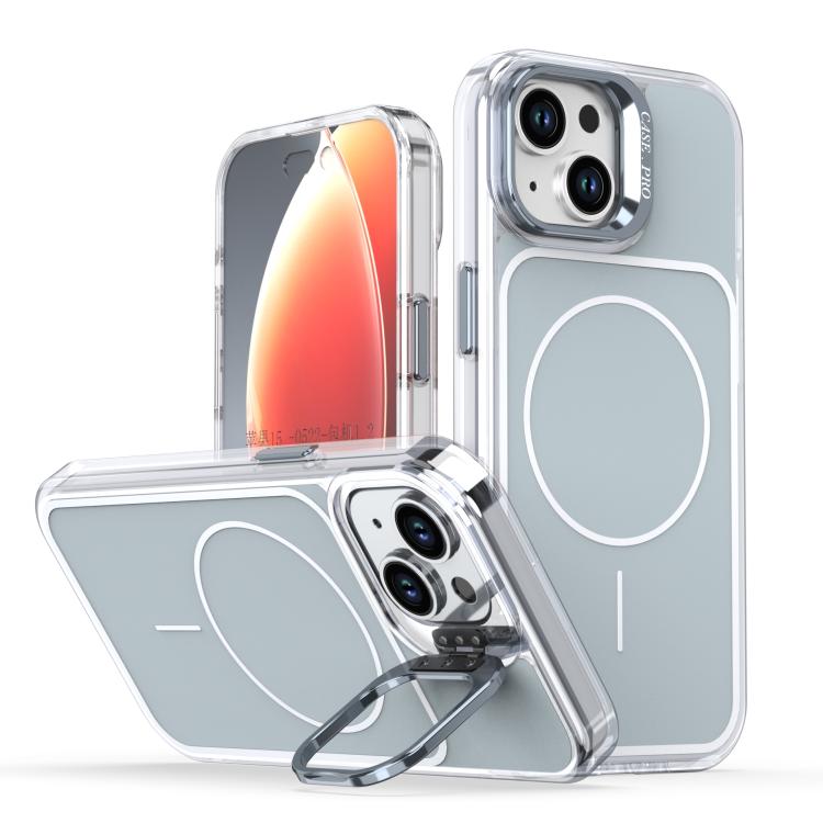 

For iPhone 14 / 13 Bright Color Blocking Camera Bracket Magnetic Phone Case(Grey)