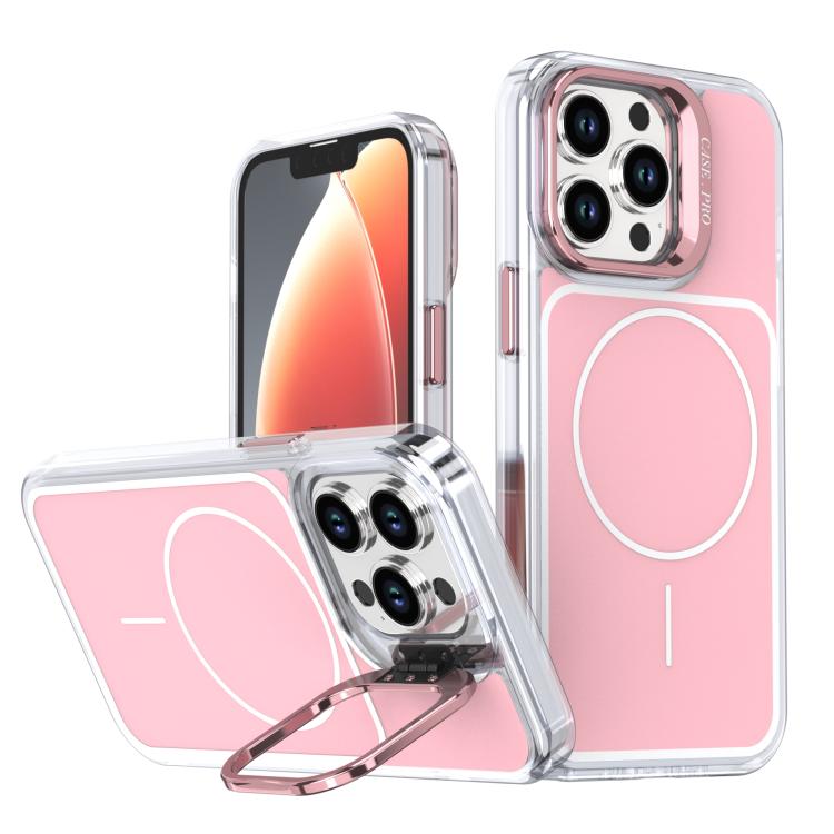 

For iPhone 14 Pro Max Bright Color Blocking Camera Bracket Magnetic Phone Case(Pink)