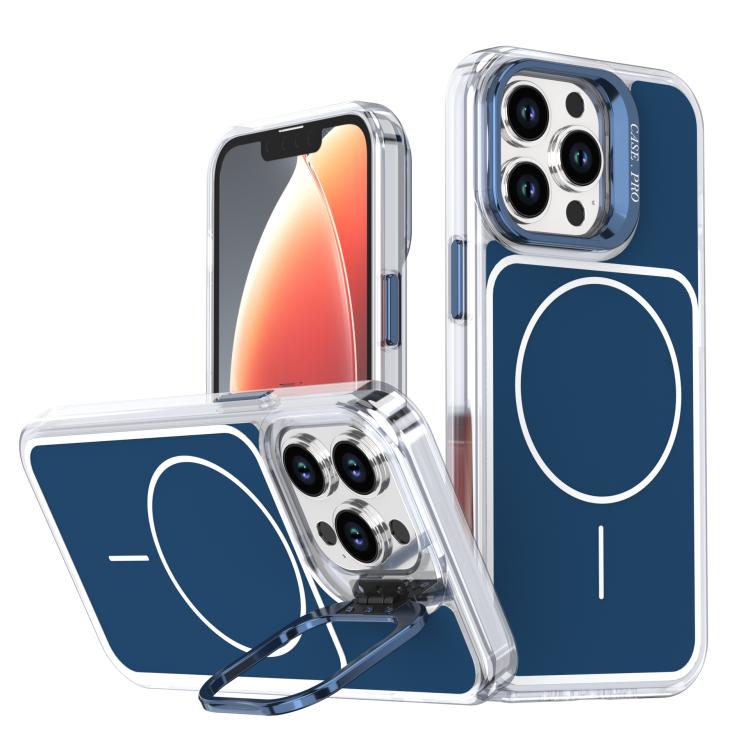 

For iPhone 13 Pro Bright Color Blocking Camera Bracket Magnetic Phone Case(Blue)