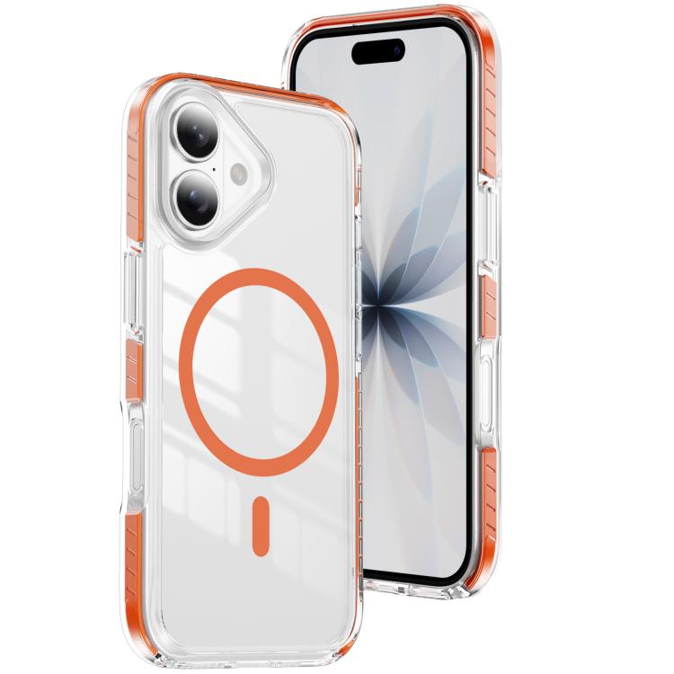 For iPhone 16 Crystal Shield Clear Magnetic Acrylic Hybrid TPU Phone Case(Orange)