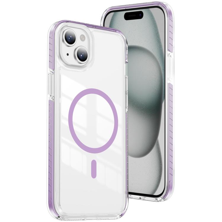 For iPhone 15 Crystal Shield Clear Magnetic Acrylic Hybrid TPU Phone Case(Purple)