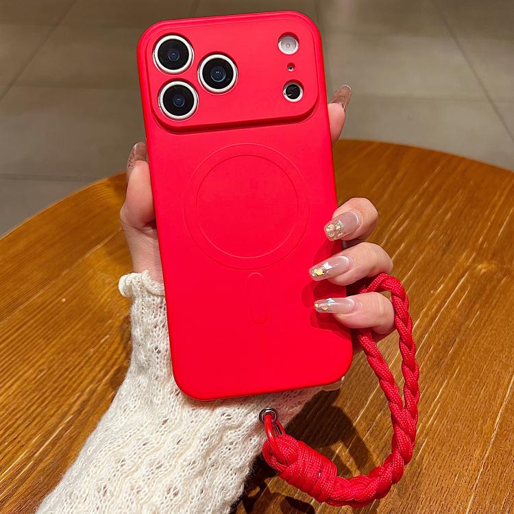 

For iPhone 17 Pro Max Solid Color Liquid Silicone Magnetic Phone Case with Lanyard(Red)