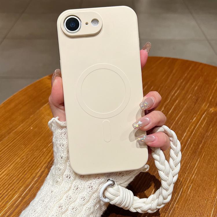 

For iPhone 16e Solid Color Liquid Silicone Magnetic Phone Case with Lanyard(Antique White)