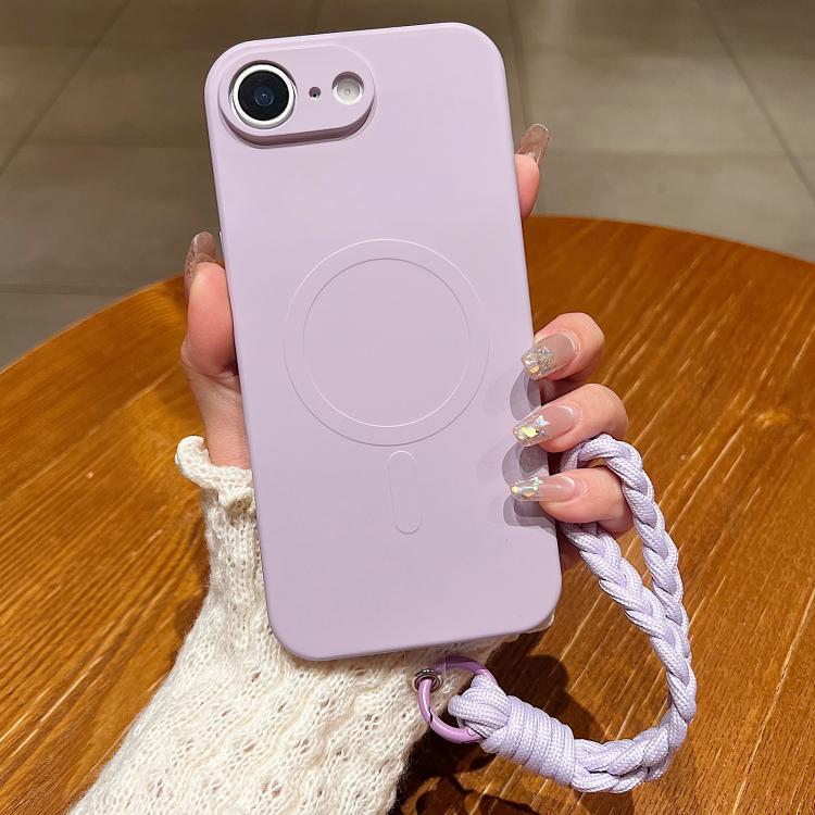 

For iPhone 16e Solid Color Liquid Silicone Magnetic Phone Case with Lanyard(Lilac)