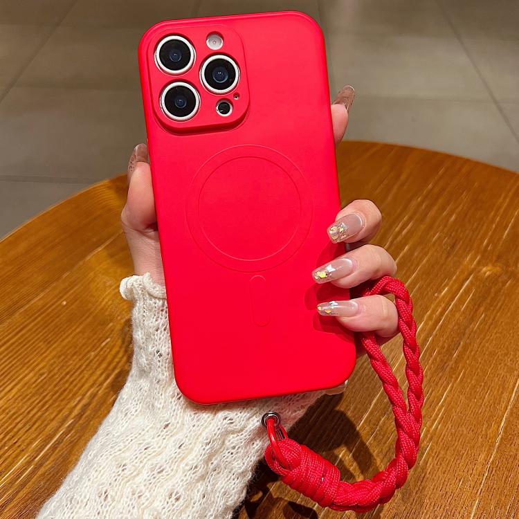 

For iPhone 16 Pro Solid Color Liquid Silicone Magnetic Phone Case with Lanyard(Red)