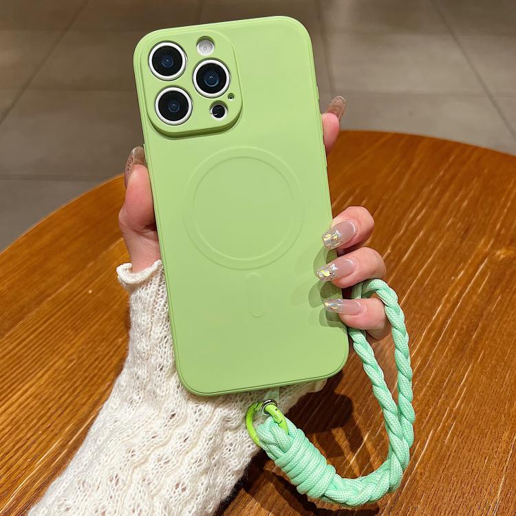 

For iPhone 16 Pro Solid Color Liquid Silicone Magnetic Phone Case with Lanyard(Matcha Green)
