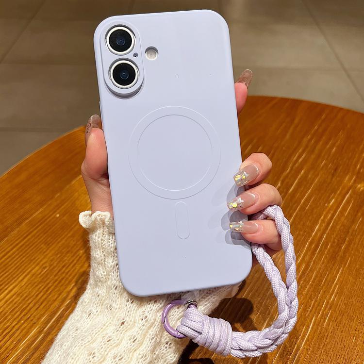 

For iPhone 16 Solid Color Liquid Silicone Magnetic Phone Case with Lanyard(Lilac Purple)