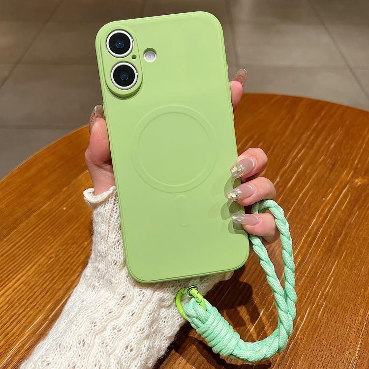 For iPhone 16 Solid Color Liquid Silicone Magnetic Phone Case with Lanyard(Matcha Green)