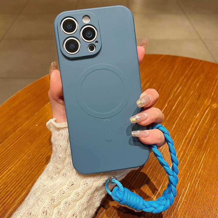 

For iPhone 15 Pro Max Solid Color Liquid Silicone Magnetic Phone Case with Lanyard(Lavender Grey)