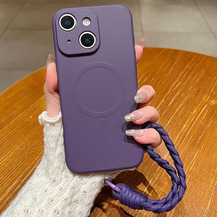 

For iPhone 15 Solid Color Liquid Silicone Magnetic Phone Case with Lanyard(Dark Purple)