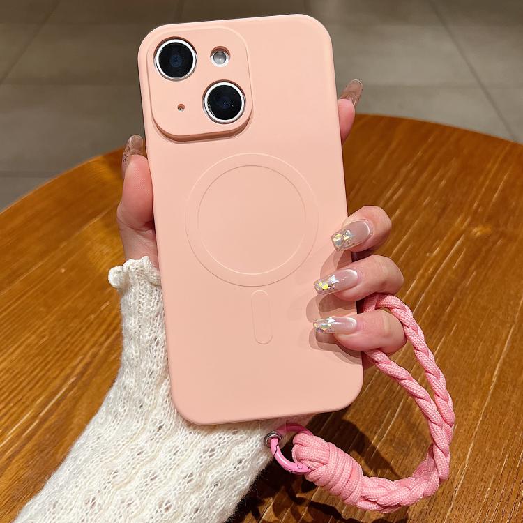 

For iPhone 15 Solid Color Liquid Silicone Magnetic Phone Case with Lanyard(Pink)