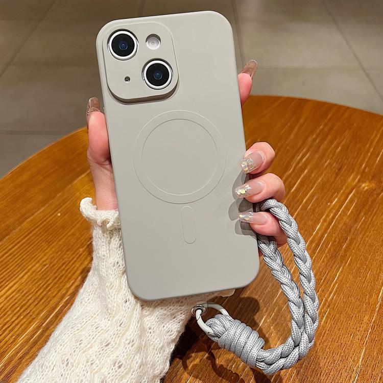 For iPhone 15 Solid Color Liquid Silicone Magnetic Phone Case with Lanyard(Grey)
