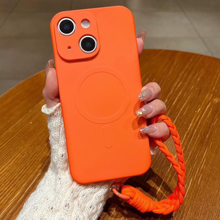 For iPhone 15 Solid Color Liquid Silicone Magnetic Phone Case with Lanyard(Orange)
