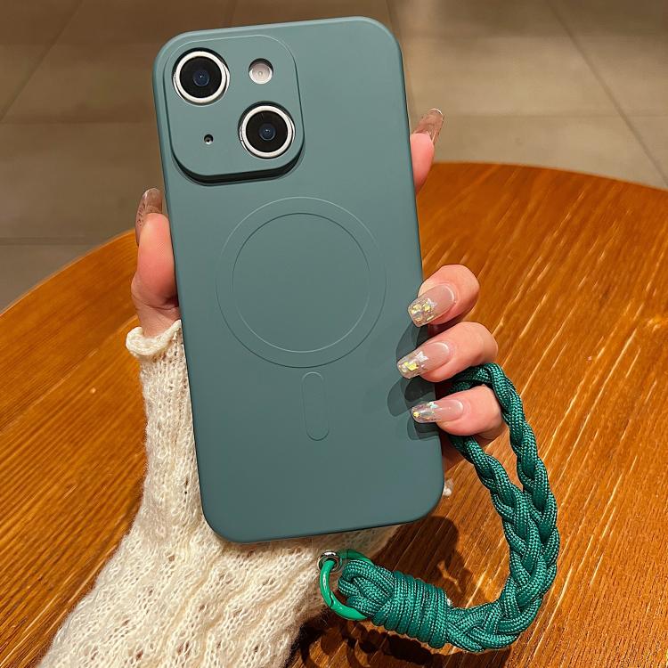 For iPhone 14 Solid Color Liquid Silicone Magnetic Phone Case with Lanyard(Dark Green)