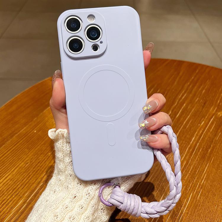 

For iPhone 14 Pro Solid Color Liquid Silicone Magnetic Phone Case with Lanyard(Lilac Purple)