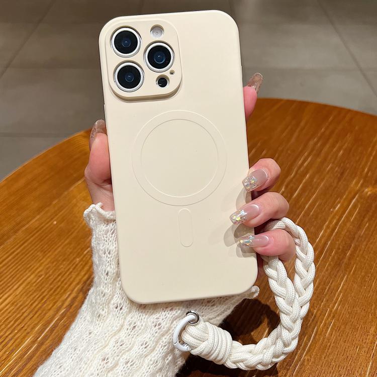 

For iPhone 13 Pro Max Solid Color Liquid Silicone Magnetic Phone Case with Lanyard(Antique White)