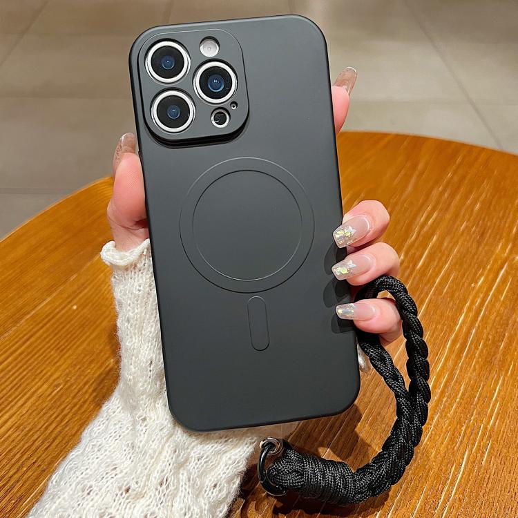 

For iPhone 13 Pro Solid Color Liquid Silicone Magnetic Phone Case with Lanyard(Black)
