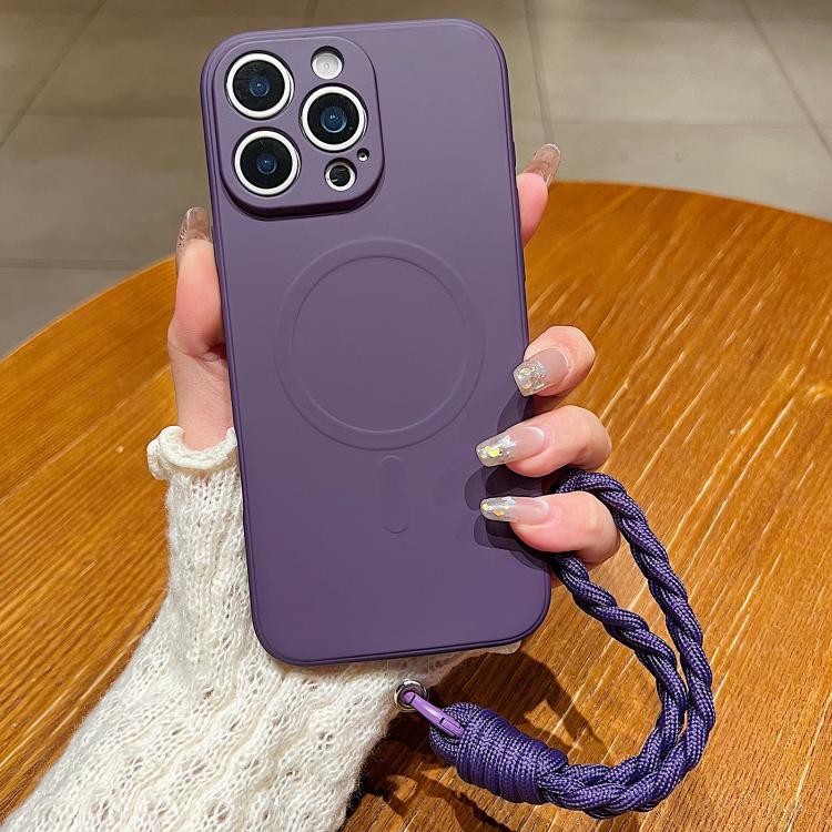 

For iPhone 13 Pro Solid Color Liquid Silicone Magnetic Phone Case with Lanyard(Dark Purple)