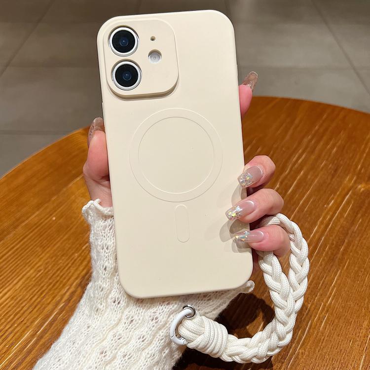 

For iPhone 12 Solid Color Liquid Silicone Magnetic Phone Case with Lanyard(Antique White)